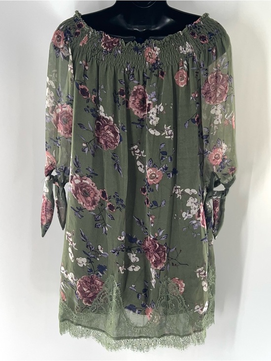 Blue Rain Olive Green Floral Mini Dress with Pink Roses - Picture 2 of 12